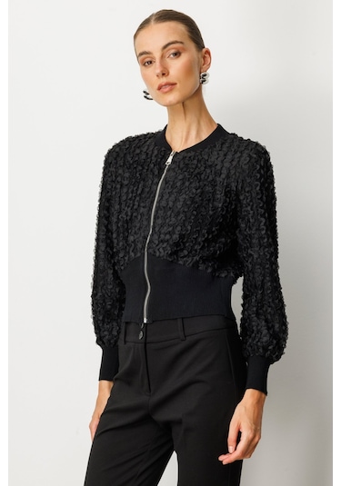 On Kadın Kabartmalı Bomber Mont 60709 Siyah Siyah