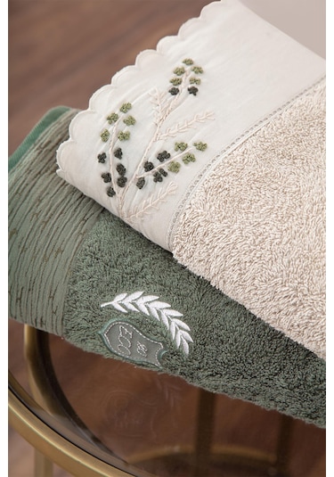 Ecocotton Derin Bej-yeşil "m-l" %100 Organik Pamuk Nakışlı Aile Bornoz Seti Bej - Yeşil