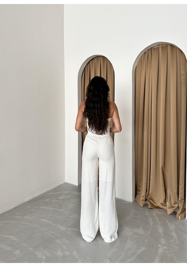 Ekru %100 Keten Palazzo Pantolon Ekru