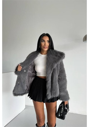 Neşeli Butik Kadın İçi Astarlı İthal Kürk Kaban Nbg111 Antrasit