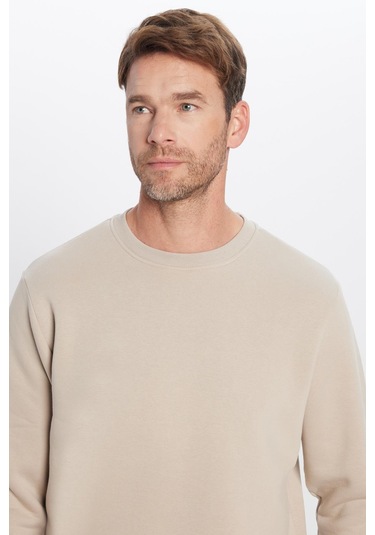 Unisex Oversize Geniş Kesim Pamuklu Yumuşak Dokulu Polarlı Basic Taş Renk Bisiklet Yaka Sweatshirt-23348 Taş