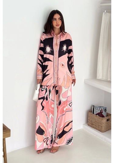 Modal Saten Kumaş Desenli Takım Pembe Pembe