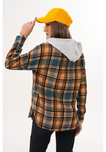 Kadın Desenli Renkli Oduncu Oversize Bol Ve Geniş Kalıp Casual Çift Kapüşonlu Ceket Gömlek Kahverengi - Mavi