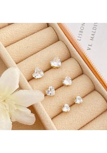 Tektaş Küpe Kalp Model Tektaş Üçlü Set Küpe Kararmaz Çelik Gold