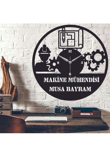 Makine Mühendisi Temalı Ahşap Duvar Saati Siyah