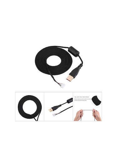 Vkemall Microsoft Logitech Fare Kablosu, Universal Değiştirme, Gümüş Plated Usb, 5-pin Bağlantı, Örgülü Tel, Manyetik Halka, 2m Uzunluk, Siyah