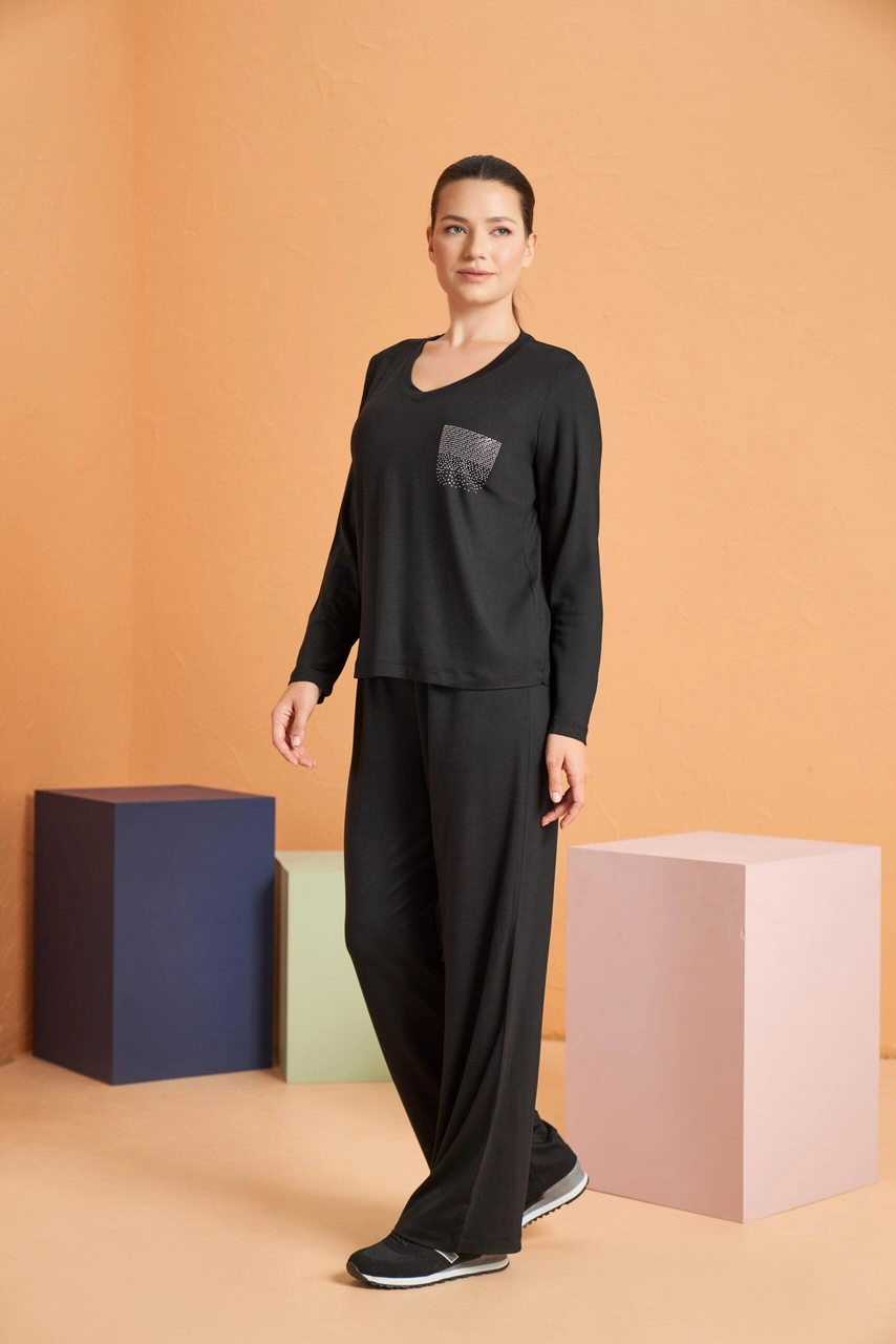 Pjs Kadın V Yaka Likralı Viskon Kumaş Uzun Kollu Eşofman Takım Siyah