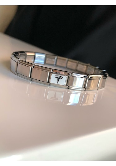 Erkek Kadın Çelik Bileklik - Tesla Logo Model Italy Nomi Charm Sevgiliye Eşe Babaya Gümüş