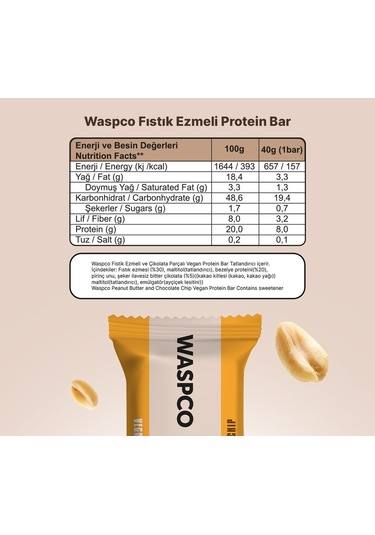 Waspco Fıstık Ezmeli Vegan Bar 40G x 12 Adet