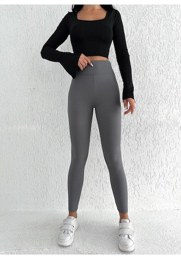 Kadın Içi Polarlı Fitilli Yüksek Bel Toparlayıcı Tayt Gri