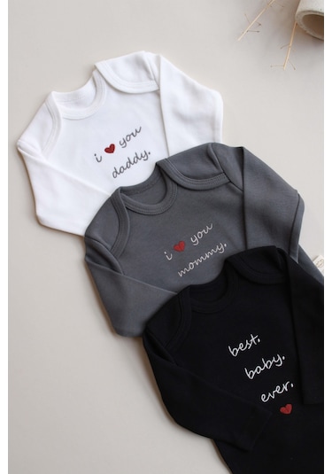 3lü Nakışlı Çıt Çıtlı Uzun Kollu Body Zıbın Set Model 7 Siyah