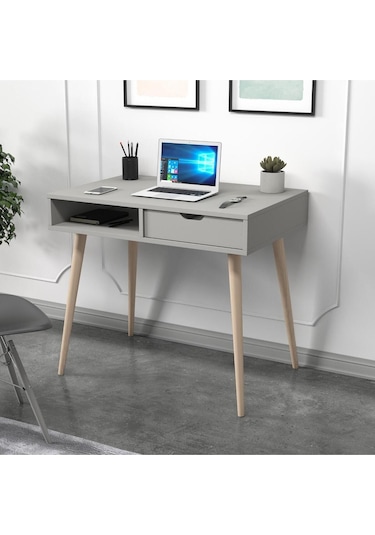 Offer Çalışma Masası, Bilgisayar Masası, Çekmeceli Kilim, Ahşap Ayak, Ev-ofis - Sis Gri Sis Gri