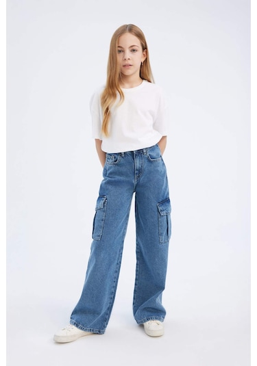 DeFacto Kız Çocuk Wide Leg Kargo Geniş Bol Paça Pamuklu Jean Pantolon D7091A825SMNM28 Mavi
