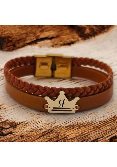 Archin Y Harfine Özel Taç Motifli 14 Ayar Altın Plakalı Kahverengi Derili Hediye Bileklik-467harf Y