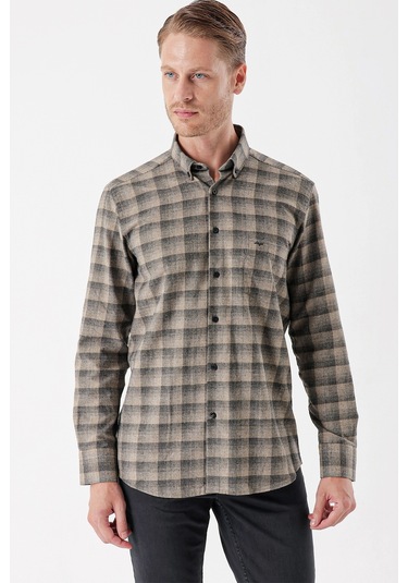 Koyu Vizon Uzun Kollu Ekoseli Gabardin Sert Yaka Cepli Casual Comfort Fit Gömlek 1004235113-koyu Vizon Koyu Vizon