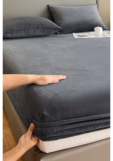 Kadife Kumaş Fitted Lastikli Çarşaf Takımı 160x200+30 Cm Antrasit