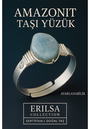 Sertifikalı Doğal Amazonit Taşı Yüzük Kalın Tımbıl Kasa Gümüş Renk Ayarlanabilir Mavi