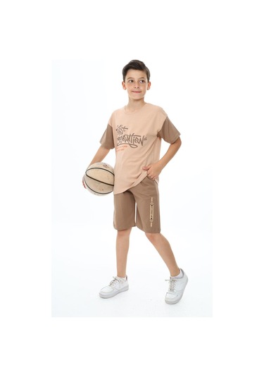 Erkek Çocuk Kısa Kollu Yazı Baskılı Şortlu Takım-5893-Kahverengi