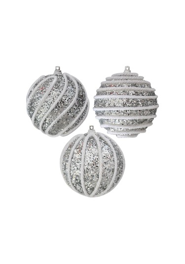 Yılbaşı Ağaç Süsü Top Süs Çizgili 8cm 3 Lü Gümüş Diğer