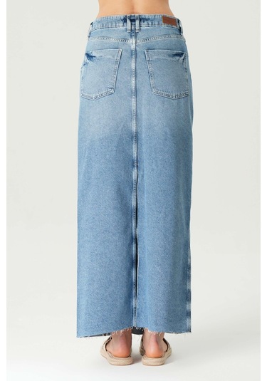 Renk Bloklu Yüksek Bel Patı Fermuarlı Yırtmaçlı Etek Ucu Kesikli Maxi Jean Etek C 4532-055 Çok Renkli