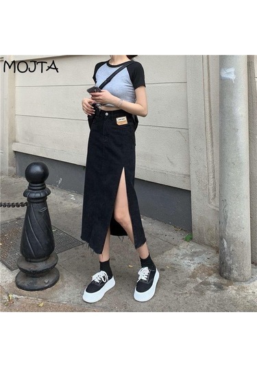Yaz Kadın Kot Etek Klasik Açık Mavi Yüksek Bel Günlük Kot Bayan Kot Etek Siyah