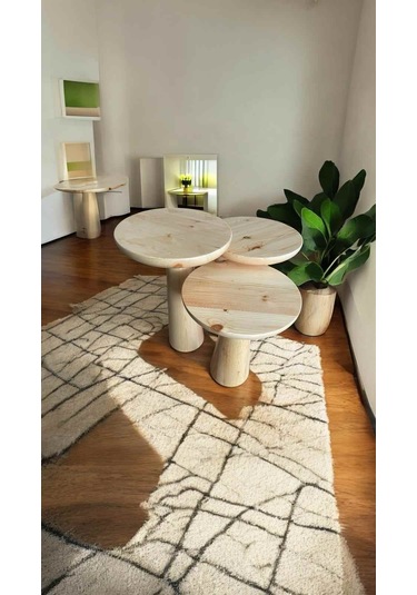 Doğal Masif Ahşap 3 Lü Sehpa Takımı Naturel Renk Mantar Zigon