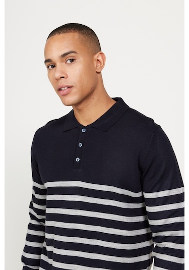 AC&Co / Altınyıldız Classics Erkek Lacı Grı Standart Fit Normal Kesim Polo Yaka Çizgili Triko Kazak Lacivert - Gri