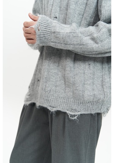 Vincent Yırtık Detay Gri Erkek Triko Kazak Gri