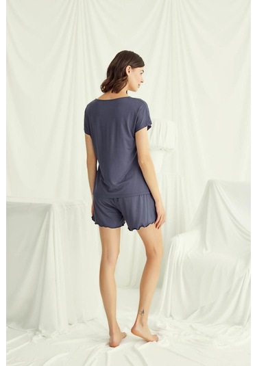 Monamise 18502 Kadın V Yaka Kısa Kollu Şortlu Pijama Takımı-lacivert Lacivert