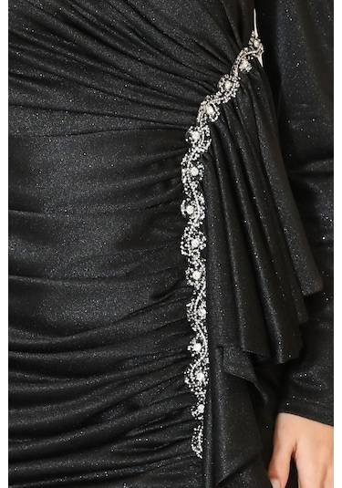 Parıltılı Fırfır Detaylı Zühre Tesettür Abiye Siyah