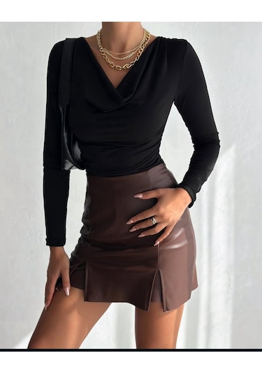 Esa35takı Degaje Yaka Drapeli Uzun Kollu Slim Fit Bluz Siyah