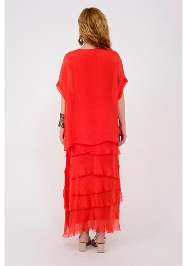 İtalyan 2 Beden İnce Gösteren Yarım Kol Kat Kat Ipek Elbise Kırmızı