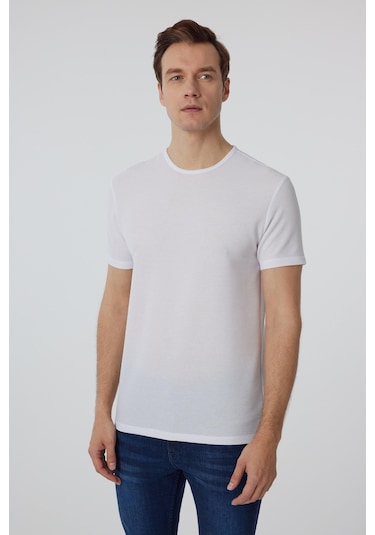 Süvari Beyaz Slim Fit Armürlü Bisiklet Yaka Tişört-37336 Beyaz