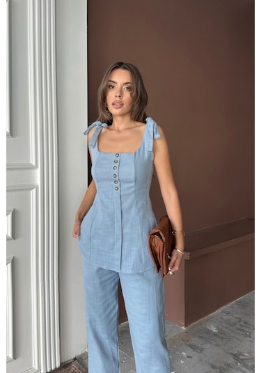 Modasize Şantuk Keten Yelek Görünümlüaskılı Bluz - Pantolon Tk - Mavi Mavi