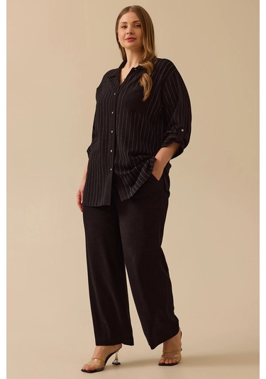 Galaxi Kadın Büyük Beden Çizgili Düğmeli Gömlek 4027 Siyah Siyah