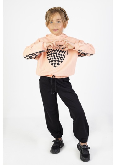 Kız Çocuk İki İplik Kumaş Orta Kalınlıktaa Baskılı Örme Basic Eşofman Takımı Somon