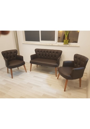 Garden House Kahve Renk Deri Metal Ayak Ofis Koltuk Takımı Kahverengi