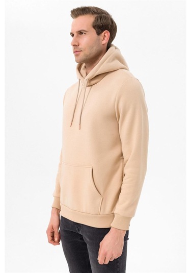 Süvari Kapüşonlu Yaka Regular Kalıp Düz Bej Sweatshirt Bej