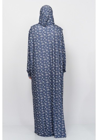 Pratik Tek Parça Çiçek Desenli Kollu Tak Çıkar Başörtülü Likralı Tesettür Namaz Elbisesi 990-0201 Lacivert Antrasit