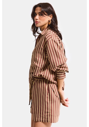 Itsbasic Kadın Kahve Çizgili S6-108 Oversize Rahat Kesim Gömlek