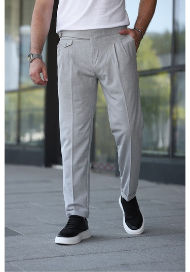 Kuşaklı Pileli Kemer Detaylı Old Money Kumaş Pantolon Gri