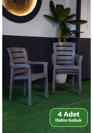 Alezy Didim İstiflenebilir Bahçe Balkon Koltuk Sandalye 4 Adet Gri