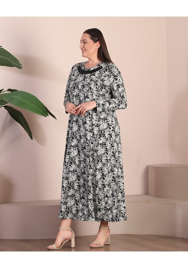 Kadin Tesettur Buyuk Beden Yakası Garnili Anne Elbise 001