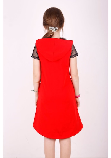 Toontoy Kız Çocuk Kapşonlu Cepli Elbise Kırmızı