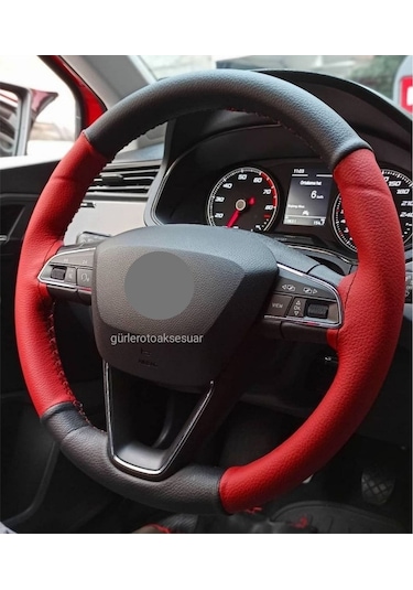 Ford Fiesta 2011 Uyumlu Dikmeli Direksiyon Kılıfı Alkantara Karbon Kırmızı