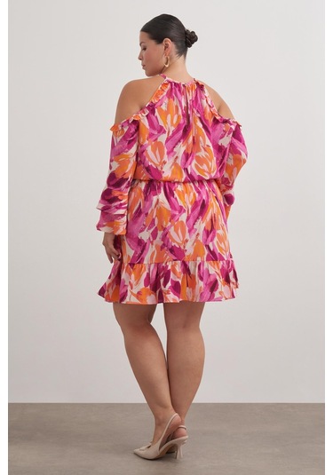 Pencere Detaylı Volanlı Elbise-6223 Çok Renkli