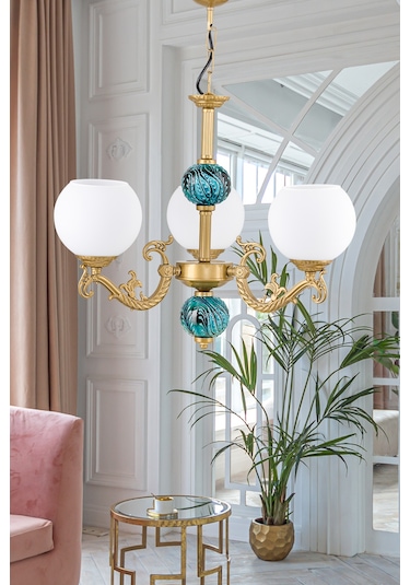 Dede Üç Kollu Zamak Avize Beyaz Camli Yeşil Çinili