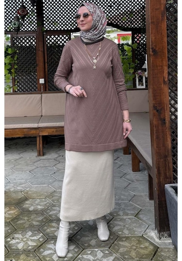 Rabia Şamlı Damla Triko Tunik Sütlü Kahve Çok Renkli