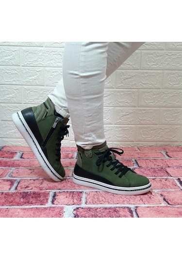 Voyager 8498 Kadın Haki Yeşil Hakiki Deri Kaymaz Taban Fermuarlı