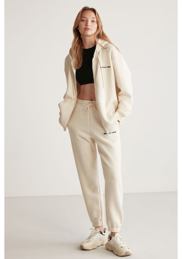 GRIMELANGE Ametıs Kadın Oversize Organik Pamuklu Metal Fermuarlı Kapüşonlu Vanilya Sweatshirt Vanilya